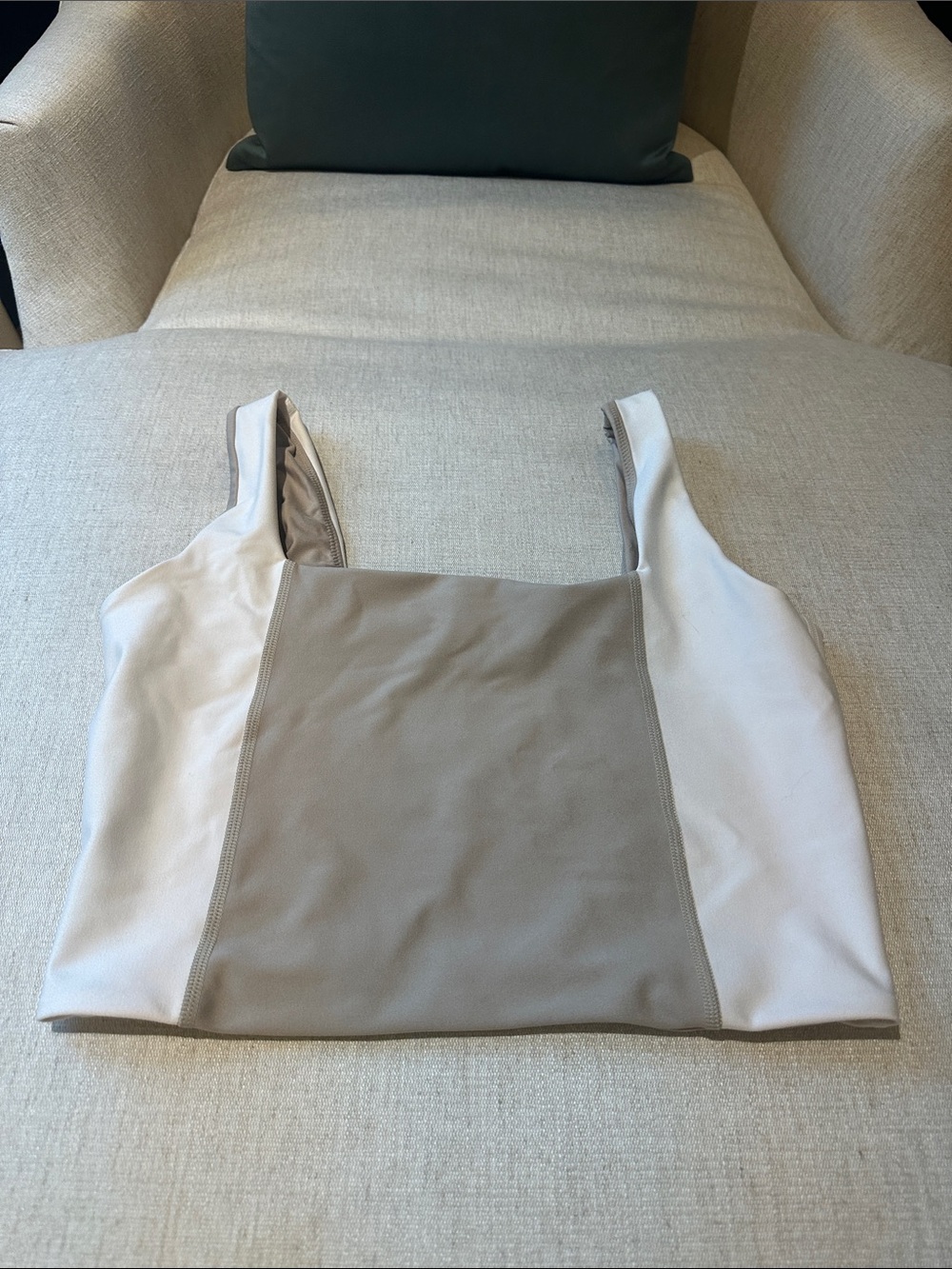 YPB (Abercrombie) Two-Tone Square Neck workout Top in white and taupe